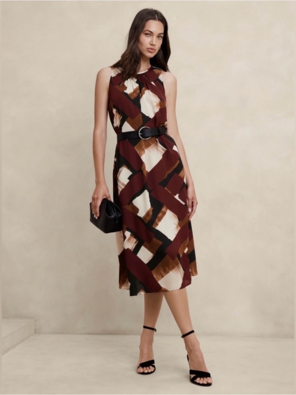 Banana Republic Factory Sleeveless Midi Dress in Burgundy, Brown & Cream